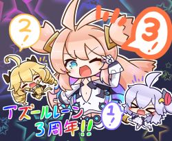 Rule 34 | &gt; &lt;, 3girls, :d, ;d, ^ ^, ahoge, antenna hair, asimo953, azur lane, bare shoulders, black background, blonde hair, blue eyes, blush stickers, boots, cable, center opening, chibi, chibi inset, closed eyes, commentary request, detached sleeves, dress, drill hair, elbow gloves, electric plug, fang, fangs, fingerless gloves, full body, gloves, hair between eyes, hair ornament, hair ribbon, highres, long hair, looking at viewer, multicolored hair, multiple girls, navel, notice lines, one eye closed, open mouth, pink hair, prototype bulin mkii (azur lane), ribbon, silver hair, simple background, skin fang, skin fangs, smile, specialized bulin mkiii (azur lane), star (symbol), starry background, strapless, strapless dress, thigh boots, thighhighs, translation request, twin drills, twintails, two side up, universal bulin (azur lane), v over eye, very long hair, white dress, white footwear, white gloves, white legwear, white sleeves, xd, yellow gloves