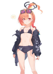 Rule 34 | 1girl, absurdres, ahoge, arms at sides, asymmetrical bangs, bare shoulders, bikini, black bikini, black jacket, blue archive, blush, braid, breasts, chain, cleavage, commentary request, earrings, eyewear on head, feet out of frame, female focus, frilled bikini, frills, halo, highres, jacket, jewelry, long sleeves, looking at viewer, mole, mole under eye, navel, neru (blue archive), neru (swimsuit) (blue archive), off shoulder, open clothes, open jacket, orange hair, raised eyebrows, red eyes, simple background, single braid, small breasts, solo, spoken blush, standing, stud earrings, sunglasses, sweatdrop, swimsuit, white background, yanyo (ogino atsuki)
