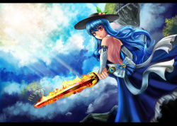 Rule 34 | &gt;:(, 1girl, alternate costume, back, bare back, blue hair, blush, bridal gauntlets, dress, elbow gloves, embellished costume, flaming sword, flaming weapon, frown, gloves, hat, highres, hinanawi tenshi, jewelry, keystone, letterboxed, long hair, red eyes, ring, rope, sash, shimenawa, sky, solo, sword of hisou, touhou, uemura shun, v-shaped eyebrows, very long hair