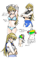 Rule 34 | 1girl, 203wolves, armpits, arms up, black shirt, blonde hair, blue bra, blue panties, blue sailor collar, blue skirt, blush, bra, breasts, brown eyes, cleavage, clothes lift, collarbone, crossed arms, embarrassed, frilled bra, frills, graphite (medium), hair between eyes, highres, jacket, lifted by self, long hair, medium breasts, midriff, miniskirt, navel, one eye closed, panties, sailor collar, shirt, shirt lift, side slit, simple background, sketch, skirt, sleeveless, sleeveless jacket, sleeveless shirt, stomach, straight hair, sweatdrop, tenjouin asuka, traditional media, underwear, underwear only, very long hair, white background, white jacket, white panties, yu-gi-oh!, yu-gi-oh! gx