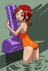 Rule 34 | 10s, 1girl, :d, ass, green background, hino akane (smile precure!), looking at viewer, one-piece swimsuit, open mouth, orange one-piece swimsuit, partially submerged, precure, red eyes, red hair, rohitsuka, short hair, sketch, smile, smile precure!, solo, swimsuit, wading, water