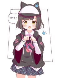 Rule 34 | 1girl, :d, animal ears, animal hat, baseball cap, black hair, black hoodie, black skirt, blush, bracelet, cat ears, cat hat, collared shirt, commentary, cowboy shot, denonbu, fake animal ears, fang, fanny pack, hands up, hat, highres, hood, hood down, hoodie, jewelry, kurogane tama, long sleeves, looking at viewer, nyamaml, open mouth, paw pose, paw print, plaid, plaid skirt, pleated skirt, shirt, short hair, skirt, smile, solo, speech bubble, standing, white background, white shirt, wide sleeves, yellow eyes