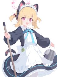 Rule 34 | 1girl, absurdres, animal ear headphones, animal ears, apron, black dress, blonde hair, blue archive, blush, cowboy shot, dress, fake animal ears, frilled apron, frilled dress, frills, headphones, highres, long sleeves, looking at viewer, maid, maid apron, maid headdress, momoi (blue archive), momoi (maid) (blue archive), official alternate costume, open mouth, pantyhose, red eyes, rokukarashi, short hair, simple background, smile, solo, white apron, white background, white pantyhose