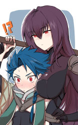 Rule 34 | !?, 1boy, 1girl, absurdres, age difference, arm up, armor, between breasts, blue hair, blush, bodysuit, braid, breasts, child, commentary request, cu chulainn (fate), emirio (emirio110), expressionless, fate/grand order, fate/grand order arcade, fate (series), hair between eyes, hand on own hip, head between breasts, height difference, highres, holding, holding weapon, large breasts, long hair, long sleeves, nose blush, onee-shota, purple bodysuit, purple hair, red eyes, scathach (fate), setanta (fate), side braid, spiked hair, sweat, two-tone background, upper body, weapon
