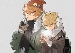 Rule 34 | 2boys, aether (genshin impact), ahoge, alternate costume, bag, black bag, black gloves, black scarf, blonde hair, blue eyes, braid, brown coat, buttons, closed mouth, coat, coffee, collared coat, collared jacket, commentary request, cup, drinking, earmuffs, fur-trimmed hood, fur trim, genshin impact, glass, gloves, green jacket, grey background, grey scarf, grey shirt, hair between eyes, hair ornament, hairpin, hand in pocket, hand up, hands up, hat, hat ornament, heart, heart hair ornament, highres, holding, holding cup, hood, hooded jacket, jacket, long hair, long sleeves, looking at viewer, looking down, looking to the side, male focus, moai on, multiple boys, open clothes, open coat, open jacket, orange hair, plaid, plaid scarf, pocket, red headwear, scarf, shirt, short hair, simple background, standing, steam, tartaglia (genshin impact), wide sleeves, yellow eyes