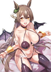 Rule 34 | 1girl, absurdres, alternate costume, animal ears, armband, bare shoulders, bikini, black bikini, black choker, black thighhighs, blush, braid, breasts, brown hair, choker, cleavage, commentary request, ear ornament, fake wings, french braid, garter straps, hair between eyes, highres, horse ears, horse girl, horse tail, large breasts, looking at viewer, multicolored hair, navel, open mouth, satono diamond (umamusume), simple background, smile, solo, streaked hair, swimsuit, tail, teeth, thighhighs, uchida shou, umamusume, upper teeth only, white background, white hair, wings