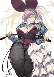 Rule 34 | 1girl, black pantyhose, breasts, cleavage, covered navel, cowboy shot, detached collar, fishnet pantyhose, fishnets, hair ornament, hairclip, high ponytail, highres, holding, holding riding crop, hyocorou, jacket, juliet sleeves, kyouka jinrui amunero, large breasts, leotard, long sleeves, looking at viewer, medium hair, myuka (kyouka jinrui amunero), nail polish, pantyhose, parted lips, pink eyes, pink hair, playboy bunny, ponytail, puffy sleeves, rabbit hair ornament, riding crop, solo, strapless, strapless leotard, thighs, whip, white background