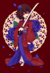 Rule 34 | 1girl, :p, bad id, bad pixiv id, licking blade, blue flower, blue rose, brown hair, flower, hair flower, hair ornament, isegawa yasutaka, japanese clothes, kimono, licking, licking weapon, open mouth, original, petals, red eyes, rose, short hair, smile, solo, sword, tabi, tongue, tongue out, weapon