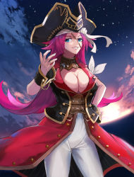 Rule 34 | 1girl, bad id, bad pixiv id, belt, blue eyes, breasts, cleavage, corset, detached collar, ema (kuguiema), fate/extra, fate (series), francis drake (fate), grin, hand on own hip, hand up, hat, high-waist pants, highres, large breasts, long hair, looking at viewer, pants, parted bangs, pink hair, pirate hat, red vest, scar, scar on face, sky, smile, solo, star (sky), starry sky, sunset, very long hair, vest, white pants, wrist cuffs