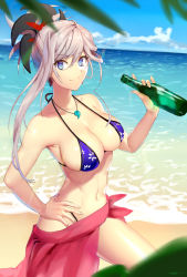 Rule 34 | &gt;:), 1girl, asymmetrical hair, beach, bikini, blue bikini, blue sky, blush, bottle, breasts, cleavage, closed mouth, cloud, commentary request, cowboy shot, day, earrings, fate/grand order, fate (series), hair ornament, hand on own hip, highres, holding, holding bottle, horizon, jewelry, large breasts, long hair, looking at viewer, magatama, magatama necklace, miyamoto musashi (fate), navel, necklace, non (nonzile), ocean, outdoors, ponytail, sarong, silver hair, sky, smile, solo, stomach, swimsuit, v-shaped eyebrows, water