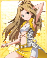 Rule 34 | &gt;:), 10s, 1girl, bracelet, brown hair, green eyes, hairband, idolmaster, idolmaster million live!, jewelry, long hair, looking at viewer, lots of jewelry, necklace, nikaidou chizuru, official art, pointing, pointing at viewer, ponytail, skirt, smile, v-shaped eyebrows, very long hair