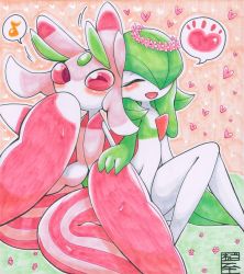 Rule 34 | 2girls, antennae, blush, colored sclera, creatures (company), closed eyes, female focus, flower, furry, furry female, game freak, gardevoir, gen 3 pokemon, gen 7 pokemon, hand on own face, hand up, happy, head wreath, heart, holding hands, knees together feet apart, lurantis, multiple girls, musical note, negoya, nintendo, no mouth, one eye closed, open mouth, outline, petals, pink eyes, pink flower, pink sclera, pokemon, pokemon (creature), sitting, smile, speech bubble, spoken heart, spoken musical note, traditional media, wink