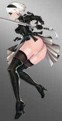 Rule 34 | 1girl, android, ass, black dress, black gloves, black thighhighs, blindfold, boots, breasts, dress, gloves, hairband, high heel boots, high heels, nier (series), nier:automata, niur, shiny clothes, shiny skin, short hair, sideboob, solo, sword, thigh boots, thighhighs, thong, weapon, 2b (nier:automata)