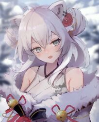 Rule 34 | 1girl, :d, ahoge, animal ears, bare shoulders, bell, blurry, blurry background, double bun, ear piercing, eyelashes, fangs, flower, fur trim, grey eyes, hair between eyes, hair bun, hair flower, hair ornament, head tilt, highres, hololive, jingle bell, light blush, looking at viewer, off shoulder, open mouth, piercing, red flower, red ribbon, ribbon, shishiro botan, sleeveless, smile, snow, solarisu, solo, upper body, virtual youtuber, white hair