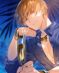 Rule 34 | 1boy, blonde hair, blue shirt, bracelet, cup, drink, drinking glass, earrings, fate/grand order, fate (series), gilgamesh, gilgamesh (caster) (fate), gilgamesh (establishment) (fate), gilgamesh (fate), glint, gold bracelet, gold earrings, gold necklace, grin, hair between eyes, head rest, holding, holding cup, hotosoka (user nxja5583), jewelry, looking at viewer, male focus, necklace, night, nostrils, outdoors, palm leaf, partially unbuttoned, red eyes, shirt, short hair, sleeve cuffs, smile, solo, sparkle, upper body, wine glass