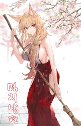 Rule 34 | 1girl, animal ears, bare shoulders, blonde hair, braid, braided ponytail, breasts, broom, cat ears, cherry blossoms, clothing cutout, gate, hakama, highres, japanese clothes, ellin meiji, looking at viewer, original, red eyes, red hakama, ribbon, shirt, sideboob, smile, solo, thigh cutout, white shirt
