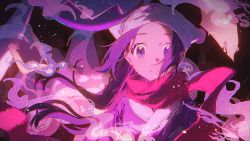 1girl akari_(pokemon) commentary_request creatures_(company) floating_hair frown game_freak headscarf highres jacket long_hair looking_at_viewer night nintendo outdoors parted_lips pink_scarf pokemon pokemon_legends:_arceus purple_hair purple_jacket scarf searmy sidelocks solo upper_body white_headwear