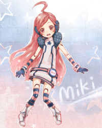 Rule 34 | 1girl, ahoge, ameiro, android, bad id, bad pixiv id, belt, boots, dress, female focus, full body, gloves, headphones, headset, joints, kneehighs, long hair, red eyes, red hair, robot joints, sf-a2 miki, smile, socks, solo, star (symbol), striped clothes, striped gloves, striped socks, striped thighhighs, thighhighs, very long hair, vocaloid, wrist cuffs