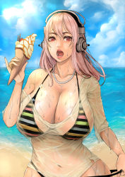 Rule 34 | 1girl, absurdres, adjusting clothes, adjusting swimsuit, bikini, bikini under clothes, blue sky, breasts, cleavage, cloud, cloudy sky, collarbone, day, eyelashes, food, headphones, highres, huge breasts, ice cream, ice cream cone, jewelry, lips, long hair, looking at viewer, navel, necklace, nitroplus, ocean, open mouth, paul dang (podang), pearl necklace, pink hair, pinky out, red eyes, see-through, shirt, sky, solo, striped bikini, striped clothes, super sonico, swimsuit, waffle cone, wet, wet clothes, wet shirt
