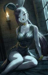 Rule 34 | 1girl, :o, animal ears, bare shoulders, black leotard, bracelet, breasts, candle, candlelight, choker, commentary request, dragon quest, dragon quest xi, fagi (kakikaki), fake animal ears, fire, fishnet pantyhose, fishnets, highres, jewelry, leotard, lips, long hair, looking at viewer, martina (dq11), medium breasts, official alternate costume, pale skin, pantyhose, pink choker, pink lips, playboy bunny, ponytail, rabbit ears, red eyes, sitting, solo, strapless, strapless leotard, very long hair, window