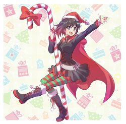 Rule 34 | 1girl, boots, candy, candy cane, cape, christmas, christmas tree, commentary, food, full body, hat, iesupa, pantyhose, pole dancing, ruby rose, rwby, santa hat, solo, striped clothes, striped pantyhose, thighhighs