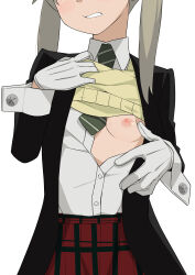 1girl black_jacket breasts buttons clenched_teeth clothes_lift collared_shirt gloves green_necktie grey_hair head_out_of_frame highres jacket lapels maka_albarn morisobo necktie nipples no_bra one_breast_out partially_unbuttoned pulling_own_clothes red_skirt shirt shirt_tucked_in simple_background skirt small_breasts solo soul_eater striped_necktie sweater sweater_lift teeth twintails white_background white_gloves white_shirt wing_collar