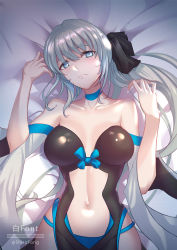Rule 34 | 1girl, black bow, black dress, blue eyes, bow, braid, breasts, center opening, choker, cleavage, collarbone, dress, fate/grand order, fate (series), french braid, grey hair, hair bow, highres, large breasts, long hair, long sleeves, looking at viewer, lying, morgan le fay (fate), navel, off-shoulder dress, off shoulder, on back, pelvic curtain, ponytail, shiro font, sidelocks, solo, two-tone dress, very long hair, white dress, wide sleeves