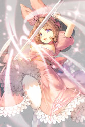 Rule 34 | 1girl, aile (crossroads), arm up, axe, blue eyes, blush, bow, brown hair, dress, gloves, hair bow, heart, heart print, highres, holding, holding weapon, knee up, large bow, lips, looking at viewer, mole, mole under mouth, original, pantyhose, parted lips, pink bow, pink dress, puffy short sleeves, puffy sleeves, short hair, short sleeves, smile, solo, standing, standing on one leg, thick eyebrows, thighs, weapon, white gloves, white pantyhose