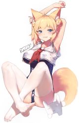 Rule 34 | 1girl, :3, absurdres, ahoge, animal ear fluff, animal ears, armpits, arms up, artist name, blonde hair, blue eyes, blue nails, blue one-piece swimsuit, blush, breasts, crossed ankles, double bun, fangs, feet, fox, fox ears, fox girl, fox tail, hair between eyes, hair bun, highres, looking at viewer, medium breasts, nail polish, one-piece swimsuit, original, ra coon, red neckwear, sailor collar, sailor shirt, school swimsuit, see-through, shirt, short hair, signature, simple background, sitting, smile, solo, stuffed toy, swimsuit, swimsuit under clothes, tail, thick eyebrows, thighs, toenail polish, toenails, white background, white legwear