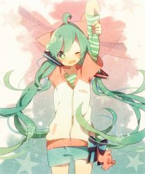 Rule 34 | 1girl, ahoge, arm up, cowboy shot, fang, gradient background, green eyes, green hair, hatsune miku, long hair, matching hair/eyes, one eye closed, open mouth, shorts, solo, star-shaped pupils, star (symbol), stretching, symbol-shaped pupils, twintails, uiyuzu (uichoco), very long hair, vocaloid