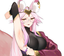 Rule 34 | 1girl, absurdres, animal ear fluff, animal ears, arm behind head, arm up, armpits, blush, breasts, circlet, clothes pull, detached sleeves, earrings, fate/grand order, fate (series), fox ears, fox girl, fox tail, glasses, highres, indian clothes, jewelry, koyanskaya (fate), koyanskaya (indian lostbelt outfit) (fate), large breasts, long hair, looking at viewer, parted bangs, parted lips, pink hair, presenting armpit, ring, saru (pixiv13751598), shirt pull, sidelocks, sleeveless, smile, solo, tail, white background, yellow eyes
