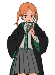 Rule 34 | 1girl, black eyes, cloak, collared shirt, frown, hand on own hip, harry potter (series), hogwarts school uniform, holding, holding wand, long sleeves, looking to the side, necktie, orange hair, pleated skirt, school uniform, shirt, skirt, slytherin, solo, south park, striped necktie, ten (lu2948d), tricia tucker, twintails, two-sided fabric, wand, wizarding world