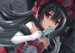 Rule 34 | 1girl, bare shoulders, black hair, bonnet, breasts, character name, collarbone, dated, dress, elbow gloves, food, fur-trimmed gloves, fur trim, gloves, hair between eyes, illya (small) (princess connect!), illya (princess connect!), licking, long hair, looking at viewer, popsicle, princess connect!, red dress, red eyes, small breasts, solo, tongue, tongue out, umarutsufuri, white gloves