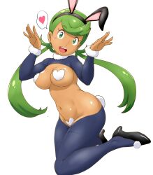 Rule 34 | 1girl, :d, animal ears, blue pantyhose, breasts, creatures (company), dark-skinned female, dark skin, fake animal ears, fake tail, full body, game freak, green hair, hands up, heart, heart maebari, heart pasties, high heels, highres, large breasts, long hair, looking at viewer, maebari, mallow (pokemon), meme attire, navel, nintendo, open mouth, pantyhose, pasties, pokemon, pokemon sm, rabbit ears, rabbit tail, reverse bunnysuit, reverse outfit, simple background, smile, solo, spoken heart, tail, teeth, tof, twintails, upper teeth only, white background