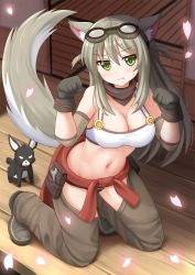 Rule 34 | 1girl, animal ears, bare shoulders, belt, blood, blush, breasts, rabbit, cherry blossoms, cleavage, fox, fox ears, fox tail, goggles, green eyes, grey footwear, grey pants, highres, kazenokaze, kneeling, lily the mechanic, long hair, looking at viewer, lost pause, navel, nosebleed, pants, paw pose, shoes, silver hair, solo, tail, tank top, tools, wrench