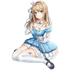 Rule 34 | 1girl, absurdres, bad id, bad pixiv id, bare shoulders, black footwear, blue dress, blue eyes, blush, breasts, brown hair, cleavage, closed mouth, commentary, dress, girls&#039; frontline, hair ornament, hairband, head tilt, heart, highres, holding, holding microphone, long hair, long sleeves, looking at viewer, mary janes, medium breasts, microphone, off-shoulder dress, off shoulder, official alternate costume, shiinakazee, shoes, simple background, sitting, snowflake hair ornament, solo, suomi (girls&#039; frontline), suomi (korvatunturi pixie) (girls&#039; frontline), thighhighs, wariza, white background, white thighhighs