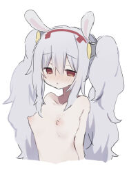 Rule 34 | 1girl, :&lt;, artist request, azur lane, blush, breasts, closed mouth, female focus, hair between eyes, highres, laffey (azur lane), looking at viewer, nipples, no shirt, nude, rabbit ears, red eyes, simple background, small breasts, solo, upper body, white background, white hair