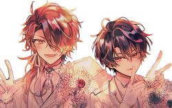 Rule 34 | 2boys, black hair, bouquet, cain knightley, flower, gloves, hair over one eye, long hair, long sleeves, looking at viewer, mahoutsukai no yakusoku, male focus, multiple boys, naruta iyo, open mouth, ponytail, red eyes, shino sherwood, short hair, simple background, smile, teeth, white background, yellow eyes