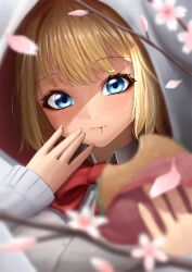 Rule 34 | 1girl, absurdres, blonde hair, blue eyes, blurry, blurry foreground, bow, bowtie, breasts, brown dust 2, burger, cherry blossoms, collared shirt, eating, food, food bite, food on face, hair between eyes, hand on own cheek, hand on own face, highres, holding, holding burger, holding food, hood, hoodie, justia (brown dust), justia (kendo club) (brown dust), looking at viewer, oyu0405, red bow, red bowtie, shadow, shirt, short hair, small breasts, solo, upper body, white hoodie, white shirt