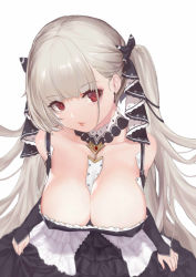 Rule 34 | 1girl, azur lane, bare shoulders, bent over, between breasts, black bow, black dress, blunt bangs, bow, breasts, cleavage, collarbone, detached collar, downblouse, dress, earrings, formidable (azur lane), hair bow, highres, jewelry, large breasts, layered dress, long hair, long sleeves, looking at viewer, pink lips, red eyes, shou xun bu liang, silver hair, simple background, solo, twintails, very long hair, white background