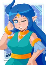 Rule 34 | 1girl, armlet, blue dress, blue eyes, blue hair, bracelet, dress, hand on own hip, hand on own cheek, hand on own face, highres, jewelry, long hair, looking at viewer, nayru, necklace, nintendo, one eye closed, peachfuzz (peachy), pointy ears, smile, solo, the legend of zelda, the legend of zelda: oracle of ages