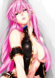 Rule 34 | 1girl, armband, bad id, bad pixiv id, bare shoulders, belt, blue eyes, breasts, censored, convenient censoring, delta zone, female focus, hair between eyes, hair censor, hair over breasts, head tilt, headphones, large breasts, lips, long hair, megurine luka, midriff, neck, no bra, open clothes, open shirt, pink hair, serious, shirt, sleeveless, sleeveless shirt, solo, upper body, vocaloid