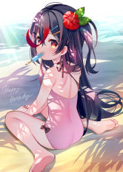 Rule 34 | 1girl, ass, bare arms, bare legs, bare shoulders, barefoot, beach, black hair, casual one-piece swimsuit, commentary request, day, flower, food, food in mouth, from behind, grisaia (series), grisaia chronos rebellion, hair between eyes, hair flower, hair ornament, hairclip, happy birthday, highres, koizumi isuka, long hair, looking at viewer, looking back, meito (maze), mouth hold, multicolored hair, on ground, one-piece swimsuit, one side up, outdoors, pink one-piece swimsuit, popsicle, red eyes, red flower, red hair, sand, sitting, soles, solo, streaked hair, swimsuit, very long hair, wariza