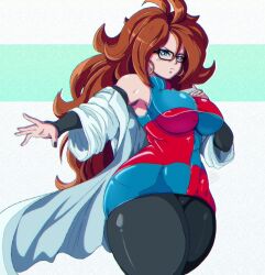 Rule 34 | 1girl, ahoge, android 21, benbeau, black leggings, blue eyes, breasts, brown hair, covered navel, curvy, detached sleeves, dragon ball, earrings, female focus, glasses, highres, jewelry, lab coat, large breasts, leggings, long hair, looking at viewer, nail polish, ring, simple background, solo, thick thighs, thighs, wide hips