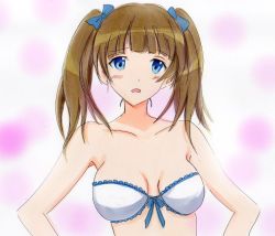 Rule 34 | 1girl, blue eyes, blush, bra, brave witches, breasts, brown hair, georgette lemare, highres, medium breasts, potekite, solo, twintails, underwear, white bra, world witches series