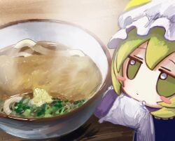 Rule 34 | 1girl, blonde hair, blush stickers, bowl, chibi, closed mouth, commentary, food, fumo (doll), hat, highres, jitome, kitsune udon, long sleeves, looking to the side, mob cap, noodles, redrawn, solo, soup, table, touhou, udon, upper body, white hat, yakumo ran, yakumora n, yellow eyes