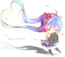 Rule 34 | 1girl, ahoge, blue hair, chibi, closed eyes, detached sleeves, floating hair, flower, hair flower, hair ornament, happy birthday, hatsune miku, kanataww, long hair, necktie, petals, simple background, skirt, sleeves past wrists, smile, solo, thighhighs, twintails, very long hair, vocaloid, white background