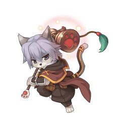 Rule 34 | 1boy, animal ear fluff, animal ears, barefoot, belt, brown belt, brown capelet, brown pants, brown shirt, capelet, cat boy, cat ears, cat tail, chibi, closed mouth, energy ball, expressionless, fighting stance, full body, furry, furry male, gold trim, grey eyes, grey hair, hair between eyes, hammer, holding, holding hammer, looking at viewer, male focus, medium bangs, official art, pants, paw print, ragnarok online, shirt, short hair, simple background, solo, summoner (ragnarok online), tachi-e, tail, tail around own leg, tassel, transparent background, v-shaped eyebrows, vambraces, whiskers, yuichirou
