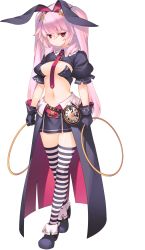 Rule 34 | 1girl, animal ears, breasts, dual wielding, dungeon travelers 2, fake animal ears, full body, gloves, highres, holding, hoop, jitome, lilian craper, long hair, medium breasts, necktie, official art, pink hair, puffy sleeves, rabbit ears, red eyes, skirt, solo, striped clothes, striped thighhighs, sumaki shungo, thighhighs, transparent background, twintails