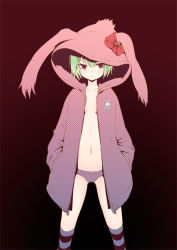 Rule 34 | 1girl, bow, breasts, flat chest, gradient background, green hair, halftone, hands in pockets, hood, hooded jacket, jacket, maeda risou, navel, no bra, no pants, original, over-kneehighs, panties, red eyes, short hair, solo, striped clothes, striped thighhighs, thighhighs, underwear, unmoving pattern
